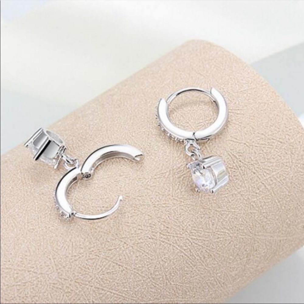 NEW SOLITAIRE DIAMOND DROP SILVER HOOP EARRINGS - Picture 8 of 8